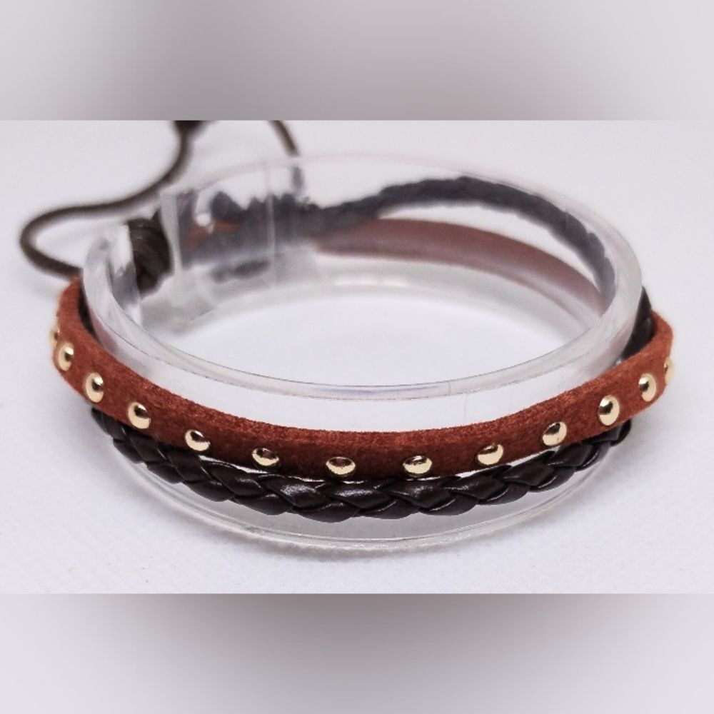 Men's bracelet leather braided layered‎ brown new e79